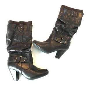 Brown Leather Scrunch Heeled Boots w/ Sweater Cuff
